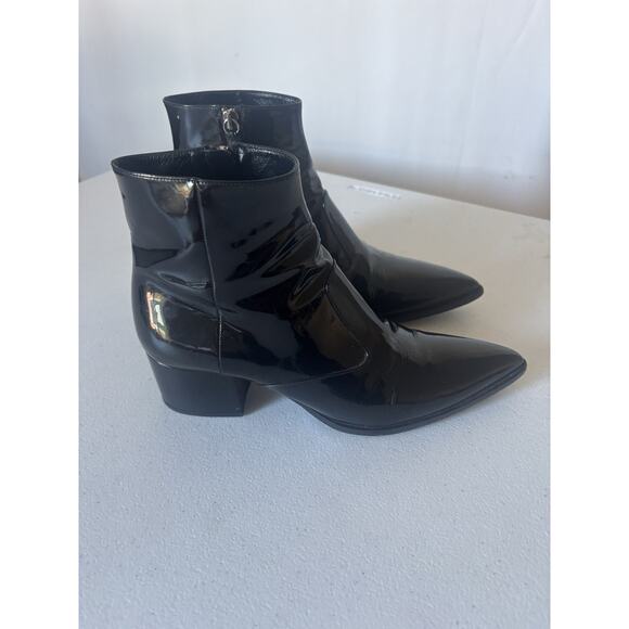 Miu Miu Patent Leather Boots 37.5 Ankle Booties Black 2' Heel Pointy Italy - Picture 5 of 15